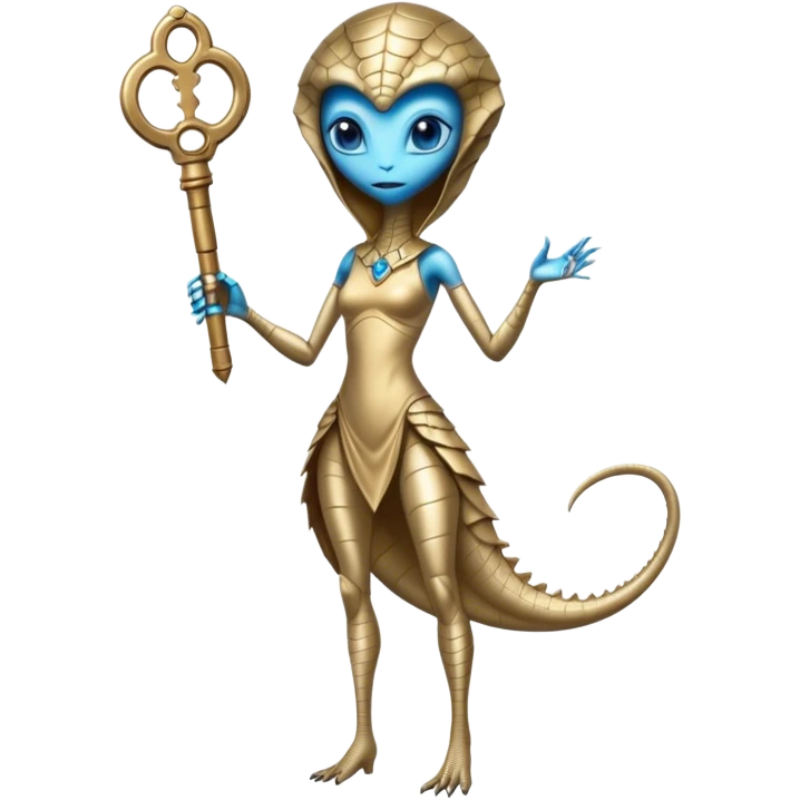 a reptilian alien woman full body, in gold dress, hold big key, blue eyes emoji