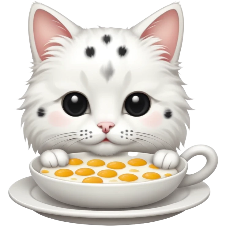  White cat with black dots eating breakfast  emoji