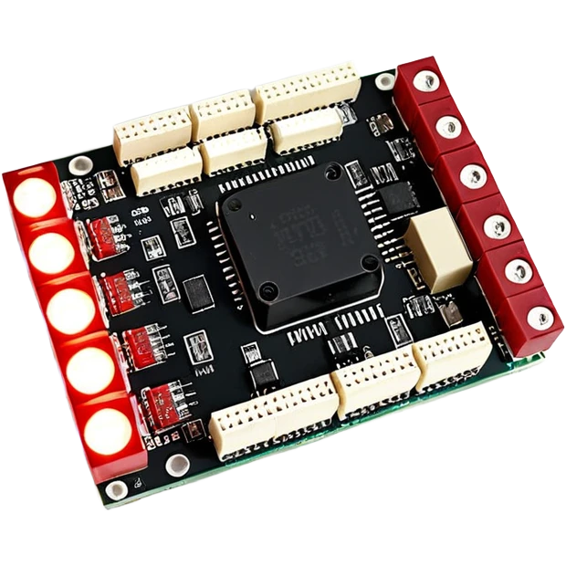 um explosivo improvisado composto por sete dinamites vermelhas presas por fita preta. O dispositivo inclui um temporizador digital de LED vermelho e uma placa de circuito com fios coloridos e um botão de ativação. Tudo está isolado sobre um fundo branco. emoji