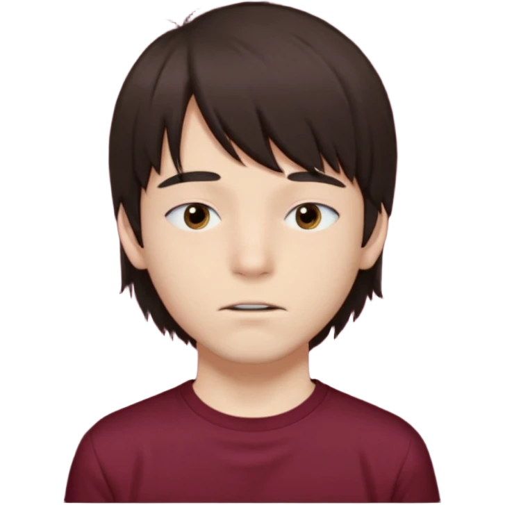 A boy with bangs covering his eyes, long hair sticking out at the back, and long sideburns. He has brown eyes and dark brown hair. He is wearing a maroon t-shirt and has an elongated jaw. He has two moles on the right side of his face, one below the eye and one on the cheek. emoji