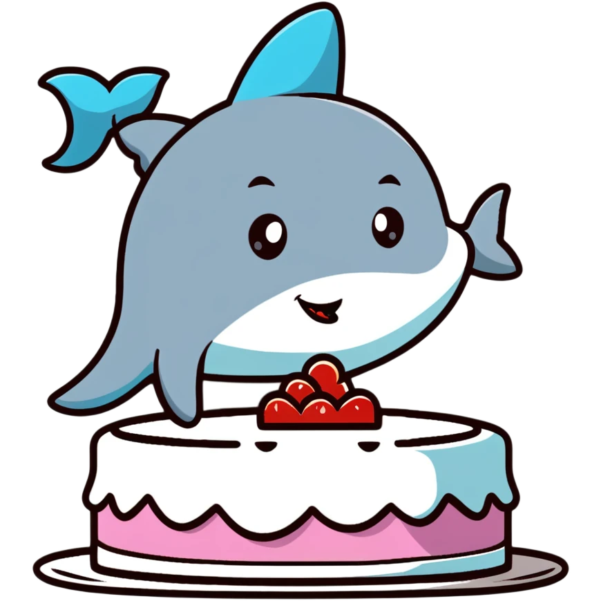friendly shark with puckered lips kissing a decorated cake emoji