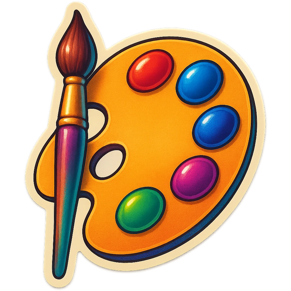 A paint brush and palette sticker with a vintage design and colorful details emoji