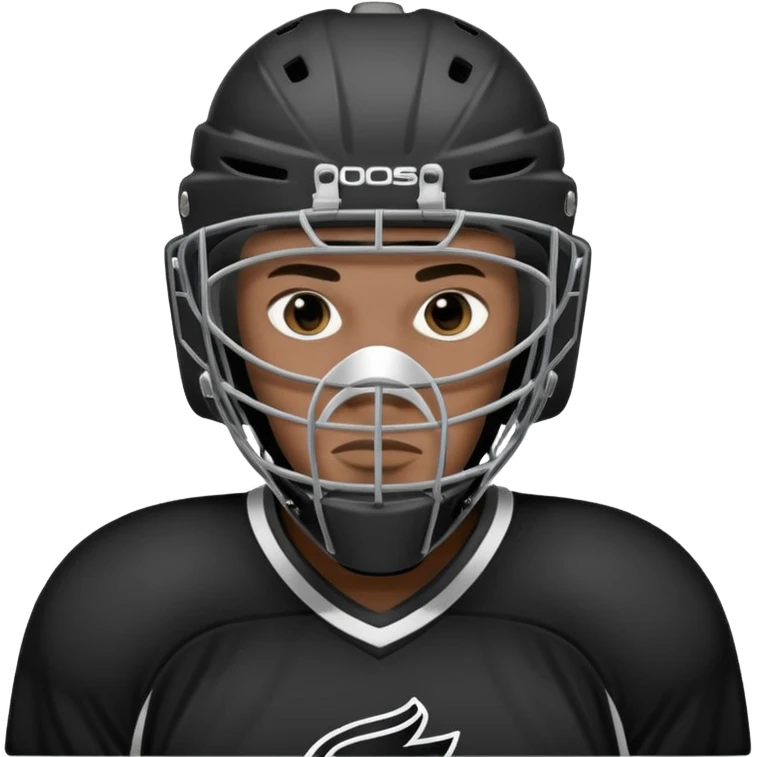 Black player of  ice hockey  who have  a goalkeeper mask which have small holes  emoji