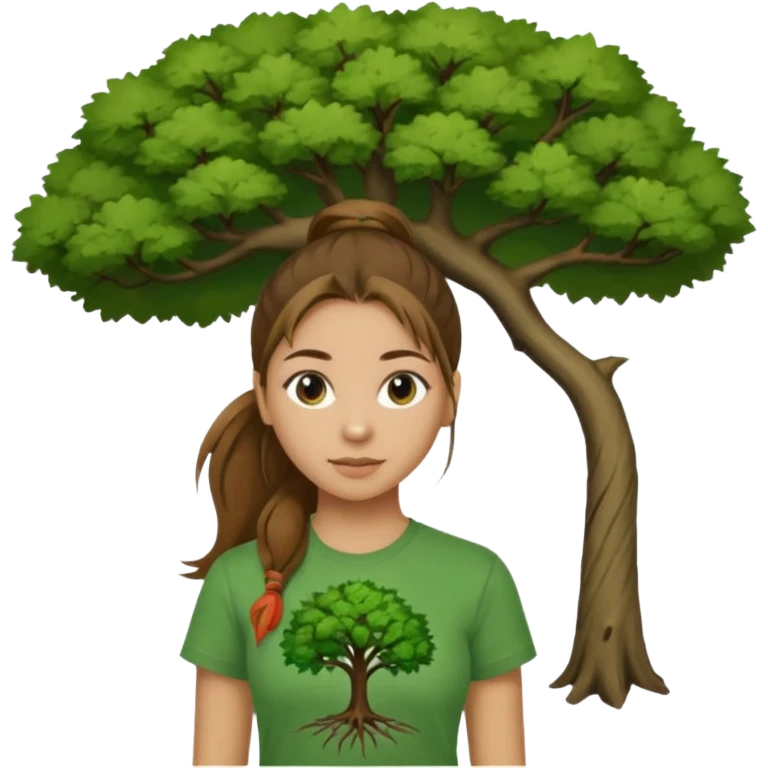 Make a zumba coach emoji, brown eyes, brown hair girl, green shirt with the "the roots" on it, longer pony tail hair, add tree logo on to the green shirt emoji
