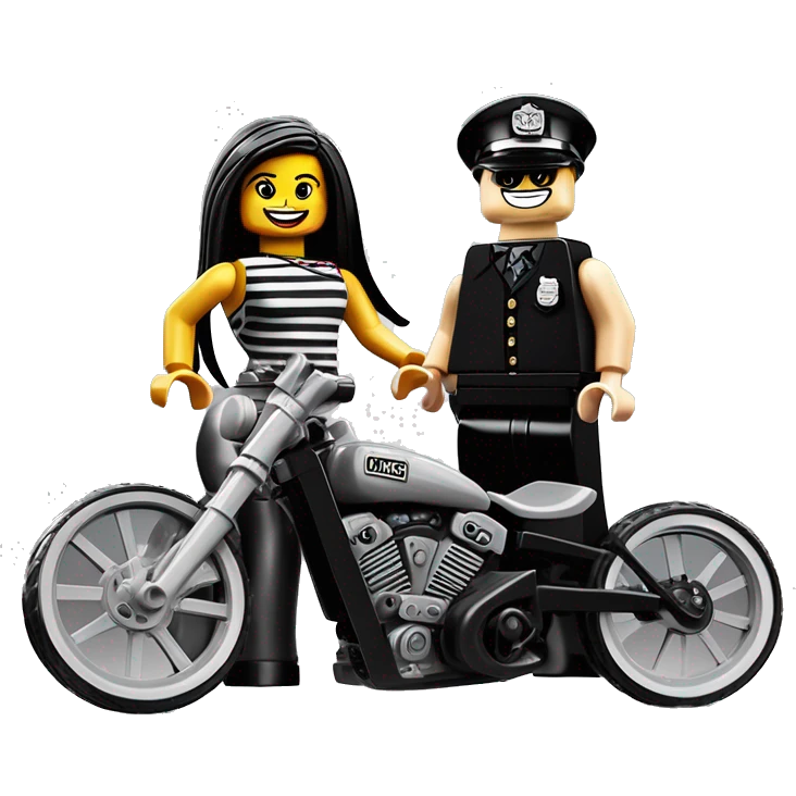Lego, Jeffery New York Evening Gown Barbie, Wednesday Addams from academy, in vertically-striped dark-gray and black London police officer’s uniform with hat. Leaning back at the hips, riding a wheelie on a hot rod bike smiling  emoji
