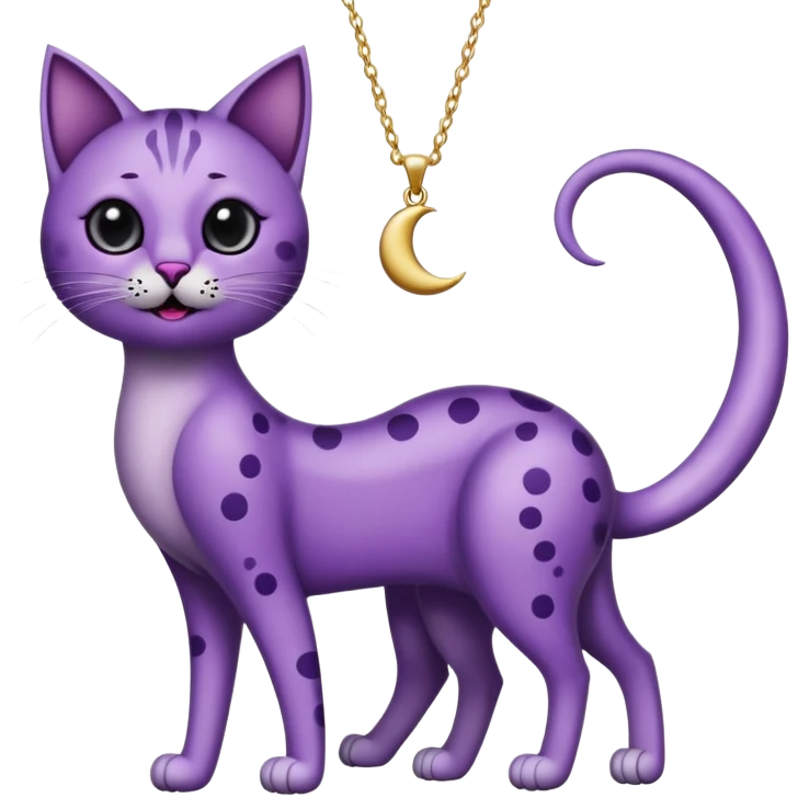 Large purple cat with very long legs, big gaping black mouth, big black eyes with a little white dot. with a crescent moon necklace and a long tail emoji