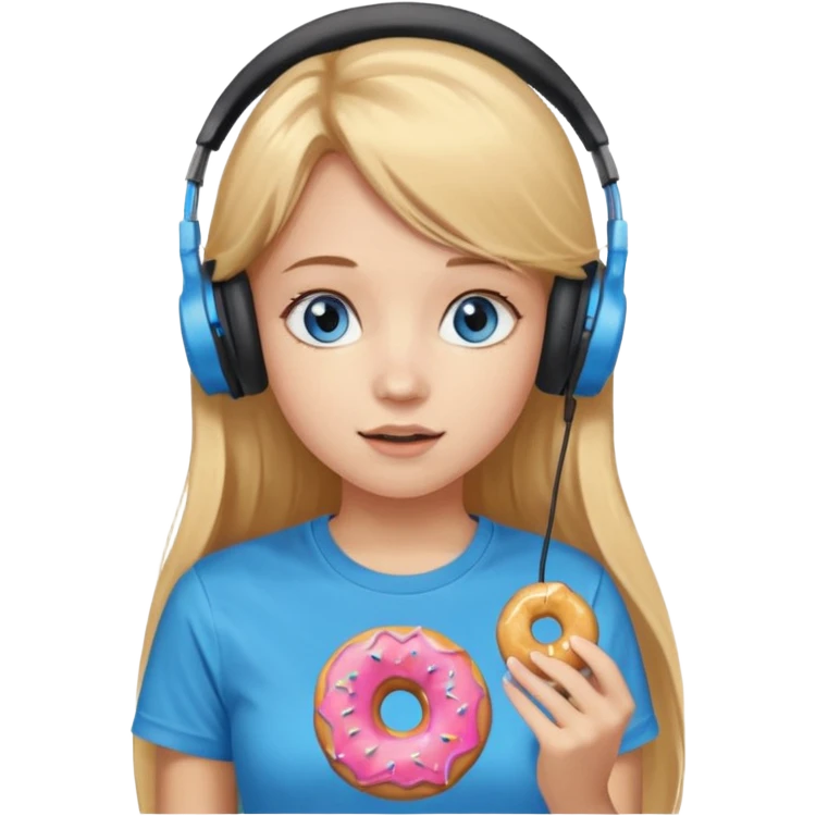 una ragazza dall‘ età di 19 anni con capelli biondi miele lunghi ,  occhi celesti,  con addosso una maglietta con una ciambella e le cuffie ascoltando violetta emoji