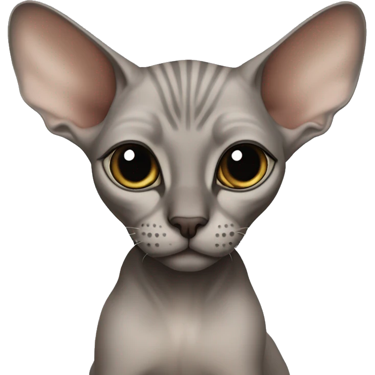 a light gray sphinx cat with a dark muzzle in a soft brown blouse sits emoji