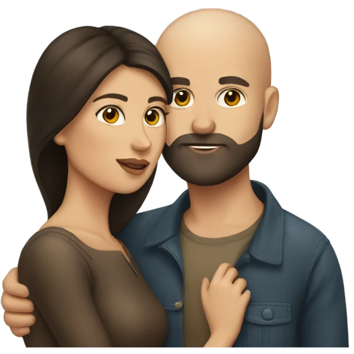 dark brown haired woman kissing bald man with beard emoji