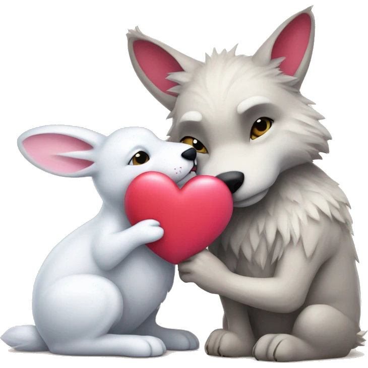 Old Wolf kisses a white Bunny who has pink ears, with big red heart between them emoji