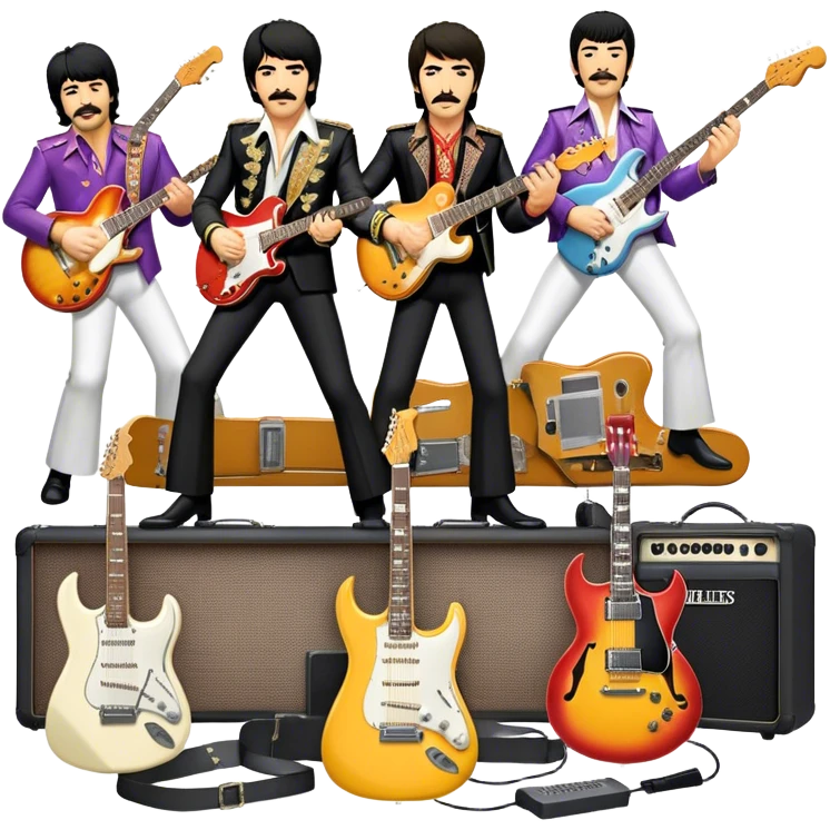 Rock music icon: dynamic collage of global rock legends like The Beatles, Jimi Hendrix, Elvis Presley, Freddy Mercury and Curt Cobane, surrounded by guitars, amplifiers, and stage lights. Symbolizing the energy and power of rock music. Transparent background. emoji