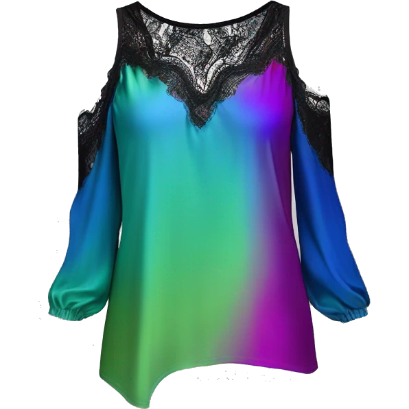 Realistic isolated side view of a metallic cobalt blue,magenta,and pistachio green ombre low cut cold shoulder blouse with long black lace sleeves. emoji