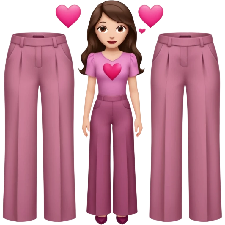  emoji, white person, inspired with brunette hair, brown eyes, long hair, heart shape lips and pink make up  and pink nails, mauve pink blush and brown wide leg pants, burgundy shoulder drop shirt, brown heels , princess hair, brown heels, no floating hearts  emoji