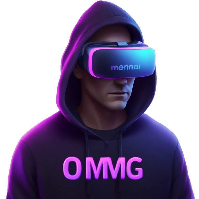 Russian man wearing a black hoodie with "OMG" letters on it and VR headset in a cyberpunk VR environment with violet neon lighting. emoji