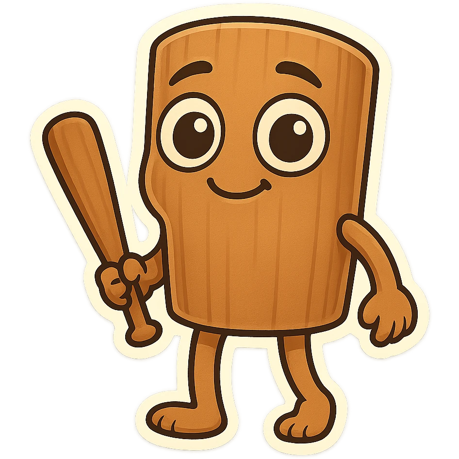 Chibi emoji of Tun Tun Suhoor, wooden stick body, smooth brown texture, big cartoon eyes on the stick, small smile, human arms and legs, holding a wooden bat, absurd and funny meme style, no text emoji