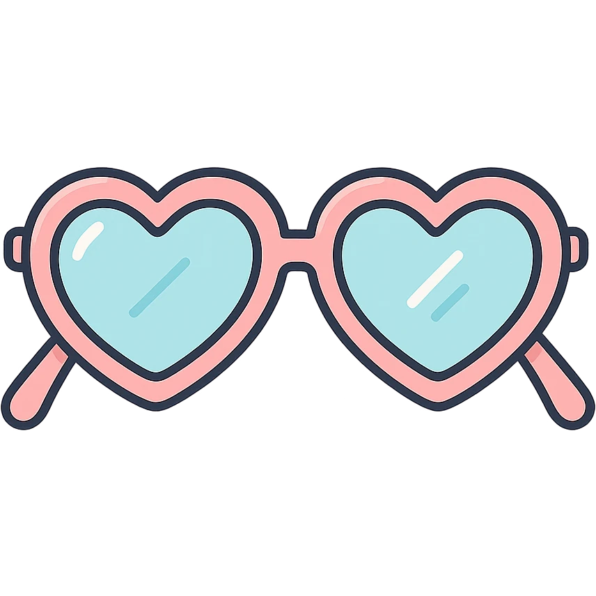 stylish eyeglasses for vision with diopters, heart-shaped frame, front view, vector look with shadows and glare, detailed shading, thin clean outlines, pastel palette, Japanese pop art, sticker look, highly detailed emoji