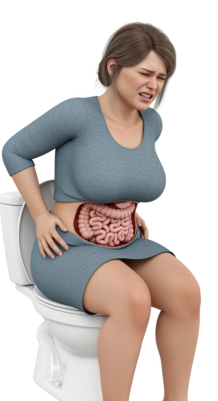 DONNA REALISTICA SEDUTA SUL WC CHE SI SFORZA CON ESPRESSIONE DI DOLORE, INTESTINO ANATOMICO REALISTICO VISIBILE, IPERREALISTICI 4K, ISOLATA SU SFONDO BIANCO emoji