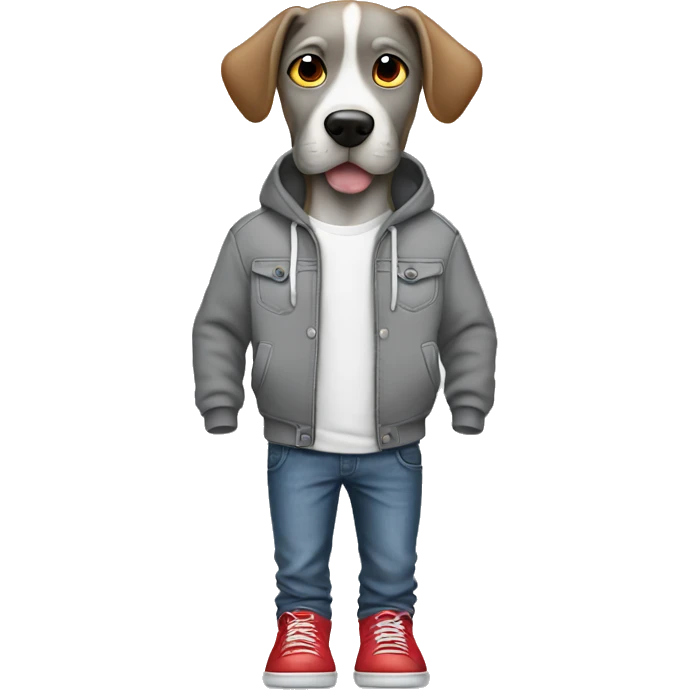 Dog,gray hoodie, jeans,hands in pockets, red shoes emoji