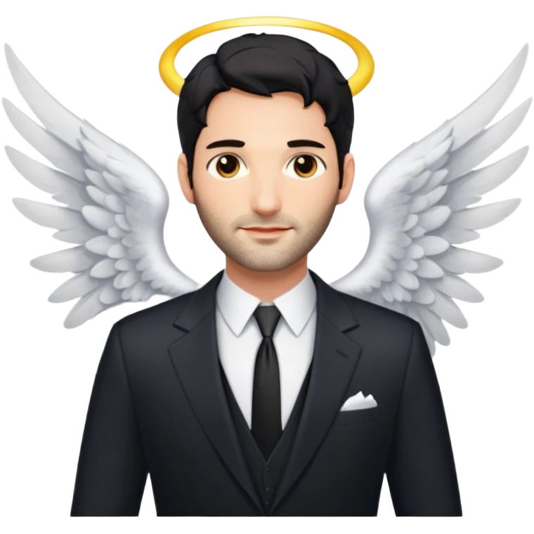 Lucifer (Tom Ellis) sous sa forme angélique, avec ses grandes ailes blanches et son costume comme dans la série. emoji