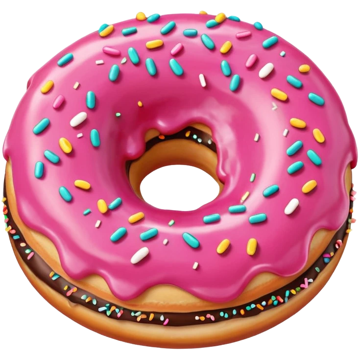 cartoon style round donut with a bite taken out, pink icing, sprinkles, playful look emoji