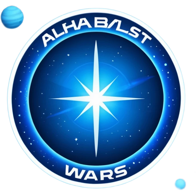 The image is a sci-fi poster with glowing blue text that reads “ALPHA ORIONIS WARS.” A bright blue planet or star glows at the bottom, and the word “STARBLAST” appears below. The design has a futuristic, space-themed look. emoji