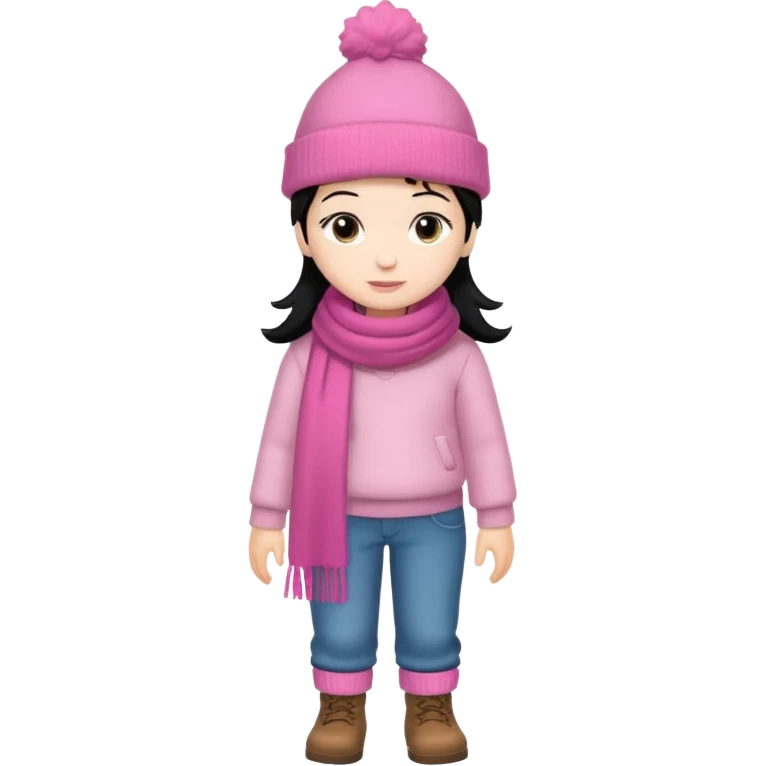 Kid wearing pink hat and scarf, black hair, full body emoji