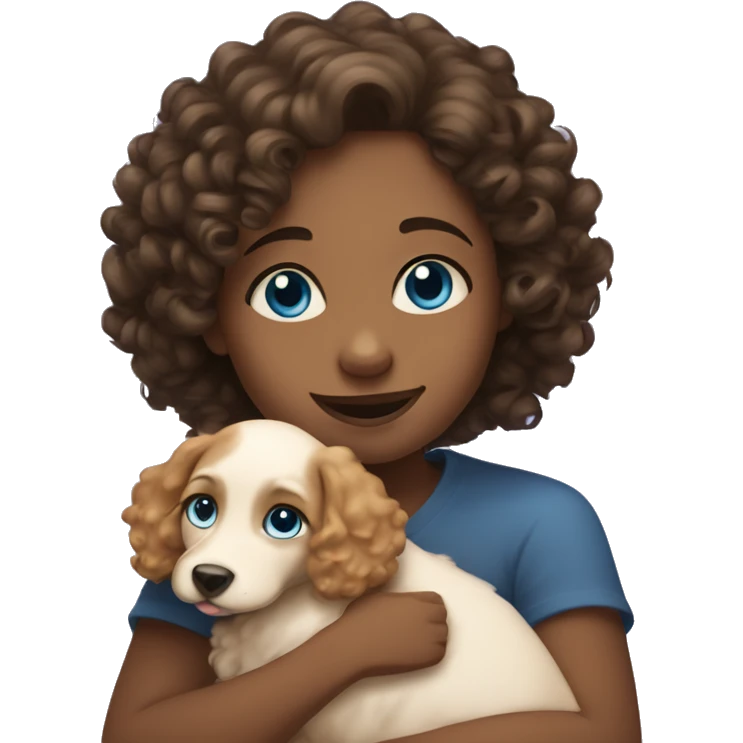 Curly girl with blue eyes hug puppy  emoji