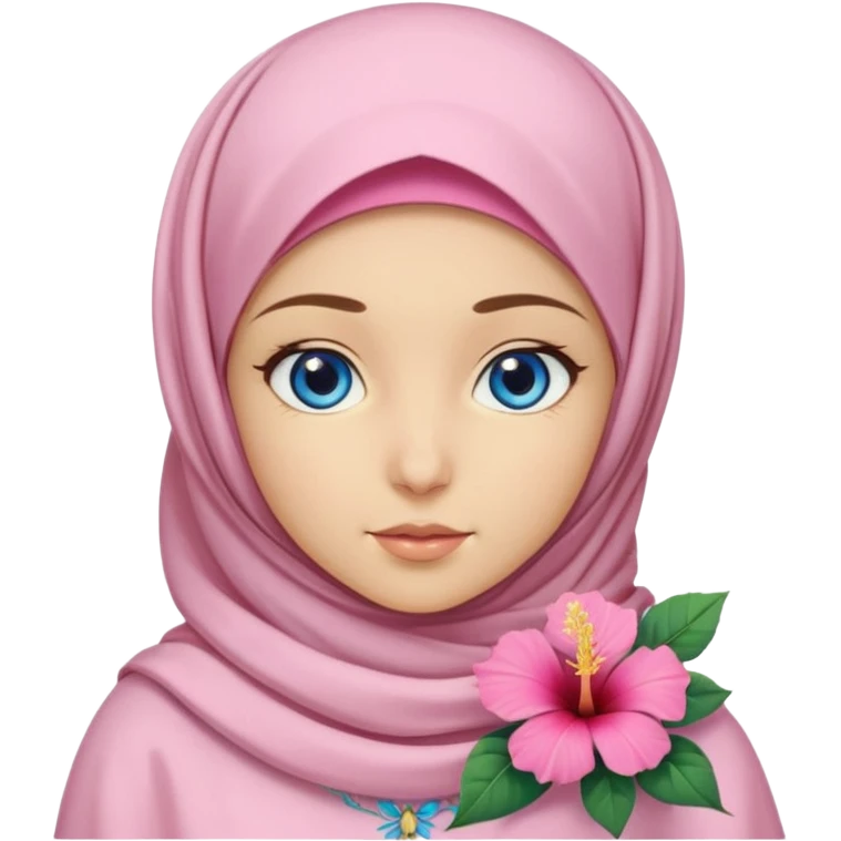 Turkish beautiful finish Konya girl blue eyes with light pink yellow summer hijab islamic dress and had on her hijab hibiscus flower emoji