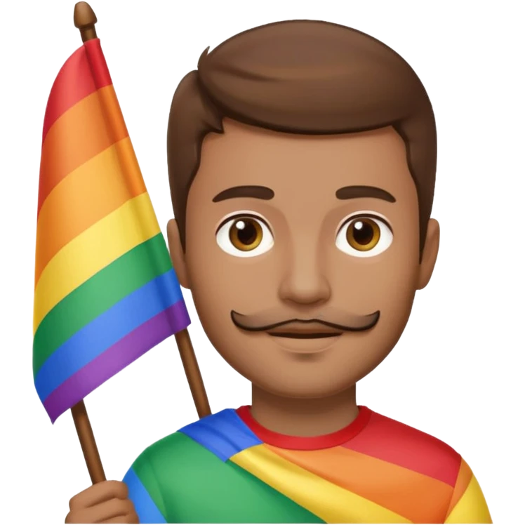 Man with brown hair and little facial hair holding a gay pride flag emoji