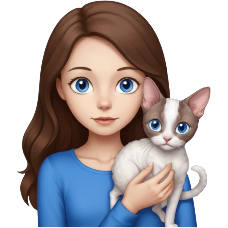 beautiful skinny girl with long brown hair and blue eyes in dark long sleeve is holding a devon rex white cat with blue eyes. the colors of cat’s and girl’s eyes are the same.  emoji
