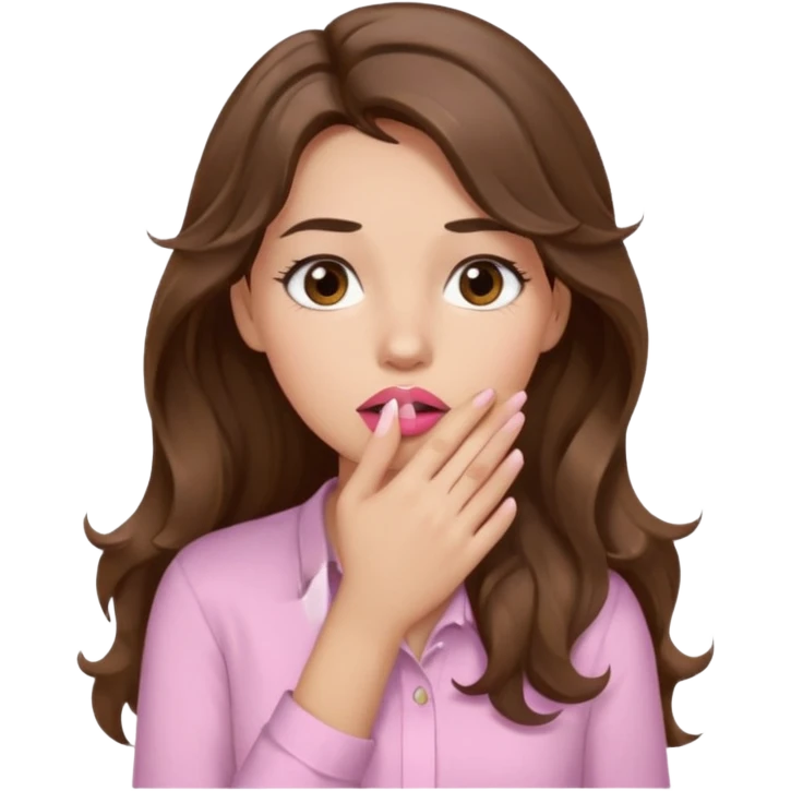 girl with wavy long brown hair, brown eyes, light to medium complexion, long lashes, light pink lipstick, wearing light pink shirt, sexy, hand covering mouth emoji