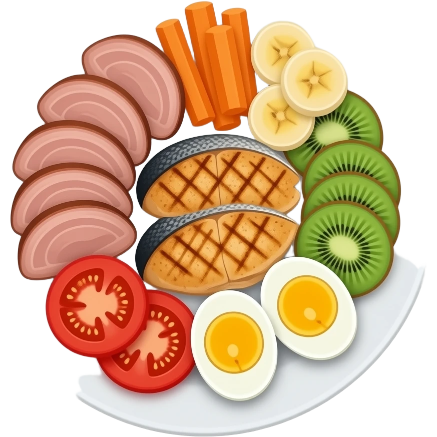 plate with meat fish carrot banana kiwi tomato eggs emoji