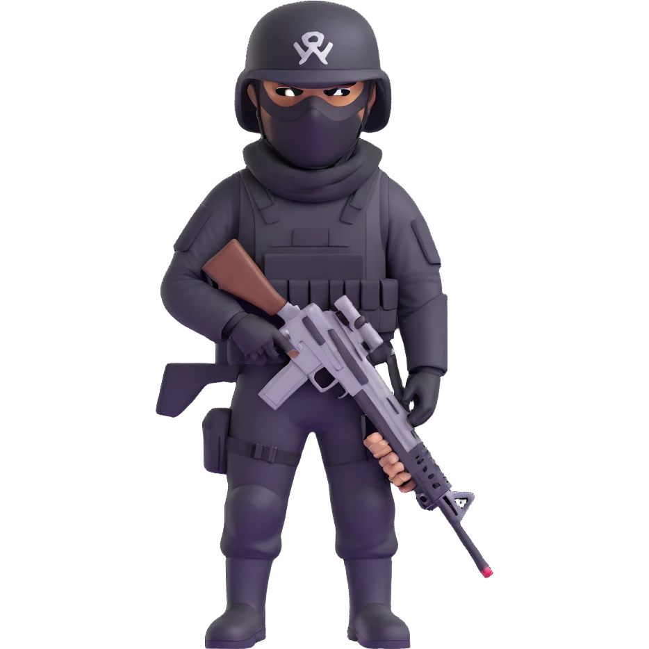 armed figure in all-black military clothing, shiesty mask, and helmet emoji
