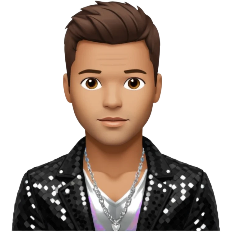 Ricky Martin with brown hair, black sequin jacket, shirtless with necklace emoji