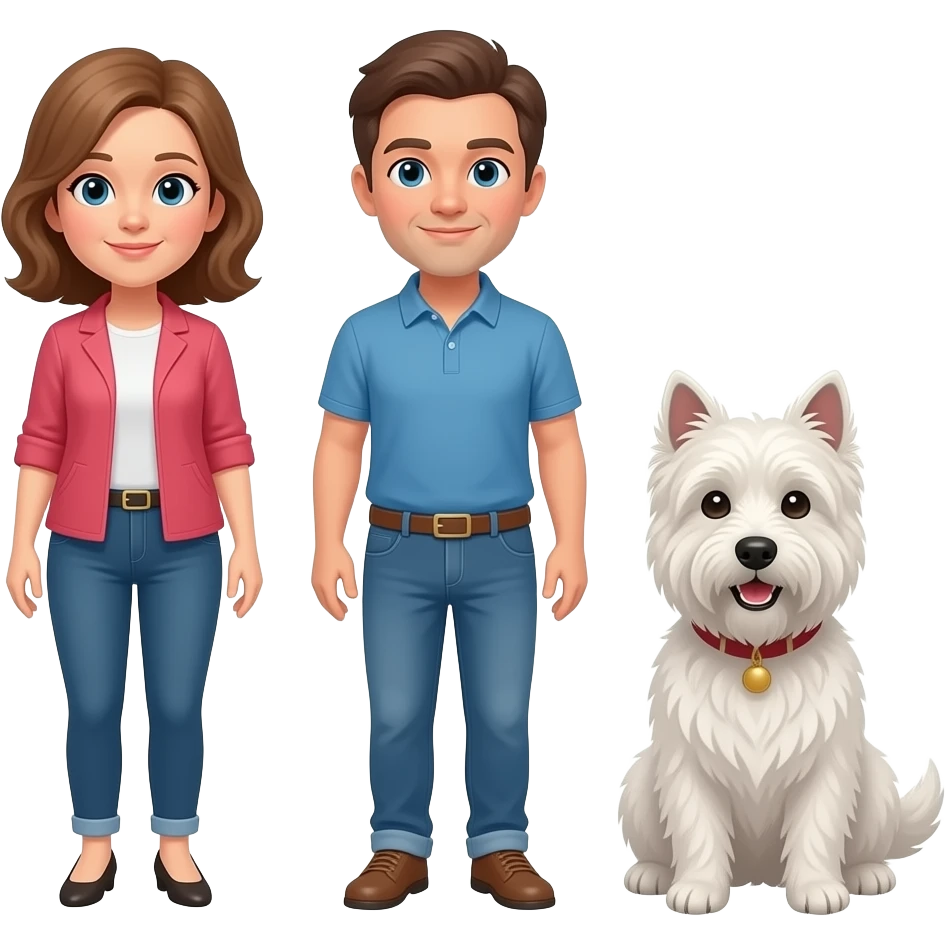 Woman midle age light brown medium length hair, with a male and a female westie emoji