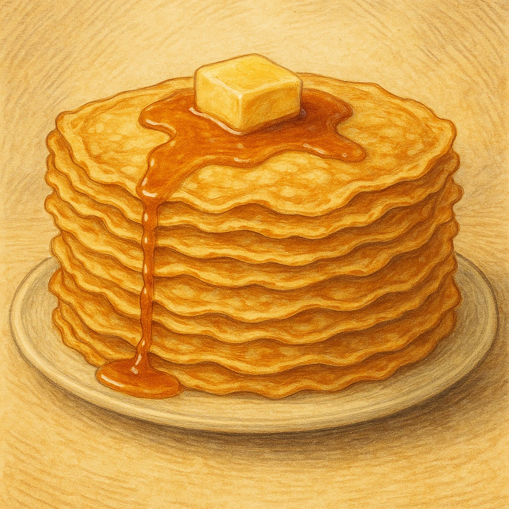 classic illustration of french crêpes, appetizing stack of thin golden brown pancakes with a pat of butter and a drizzle of syrup emoji