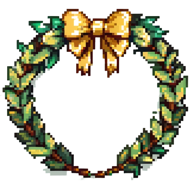 A laurel wreath made of fresh or natural-looking laurel leaves, neatly woven into a circle. The leaves are glossy, rich green, with golden veins. The wreath is adorned with a thin golden ribbon tied in a bow at the back. emoji