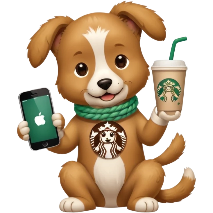Dog wearing rope with starbucks in his right hand and an iphone in his left hand emoji
