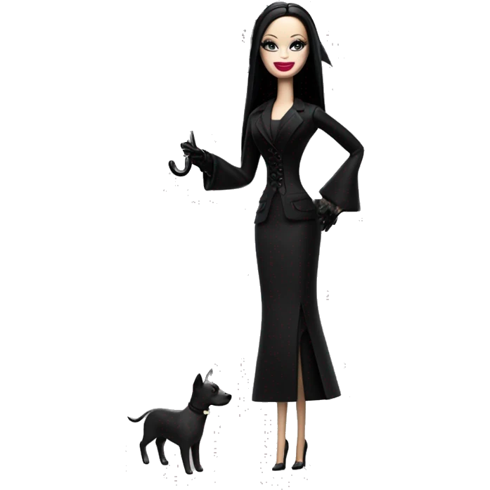 Fun Funeral Barbie,teen Morticia Addams ,with handkerchief, show full body,accessories  gloves, funeral veil, holding umbrella  emoji