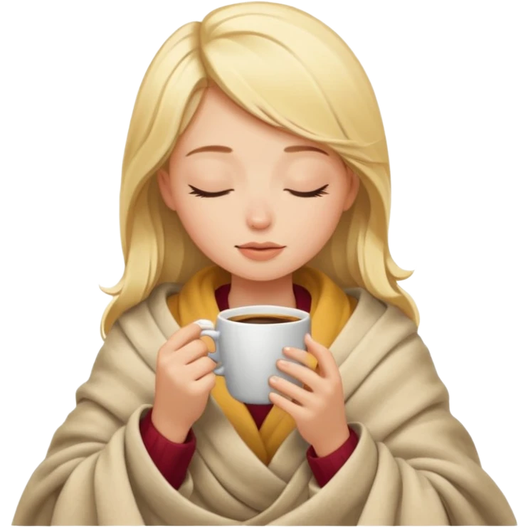 Blonde girl inside a blanket sipping coffee eyes closed emoji