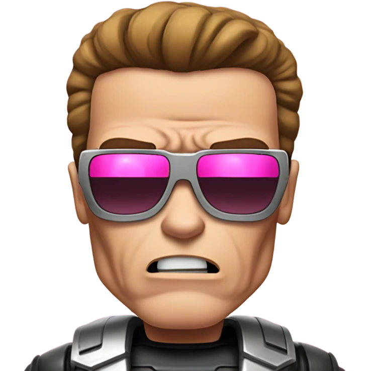 Crying Schwarzenegger-like Terminator, upper body only, wearing his iconic clothes in pink (all clothes must be pink), looking more human with minimal robotic details emoji
