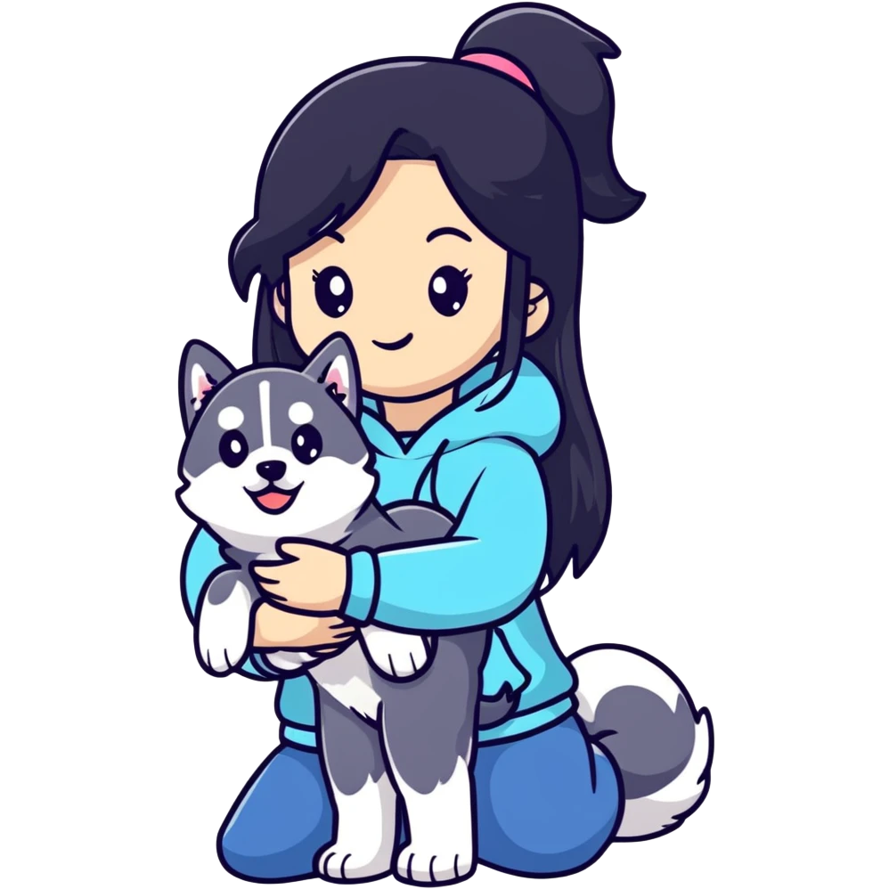 beautiful girl with long black hair holding a cute husky puppy emoji