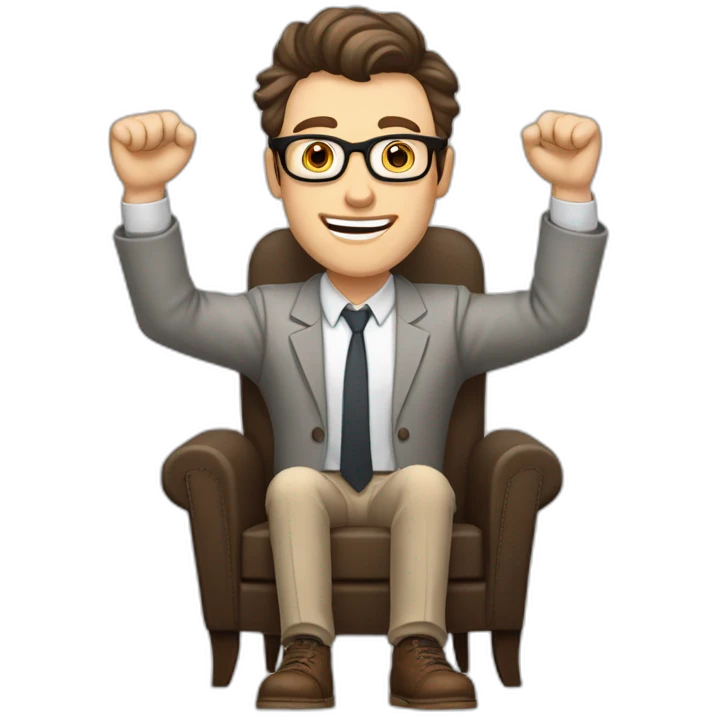 Joyful Celebrating victory Hands up Pale skinned Fit Man With dark brown hair in gray jacket, beige office shirt, Brown pants and vintage glasses sitting In a soft chair emoji