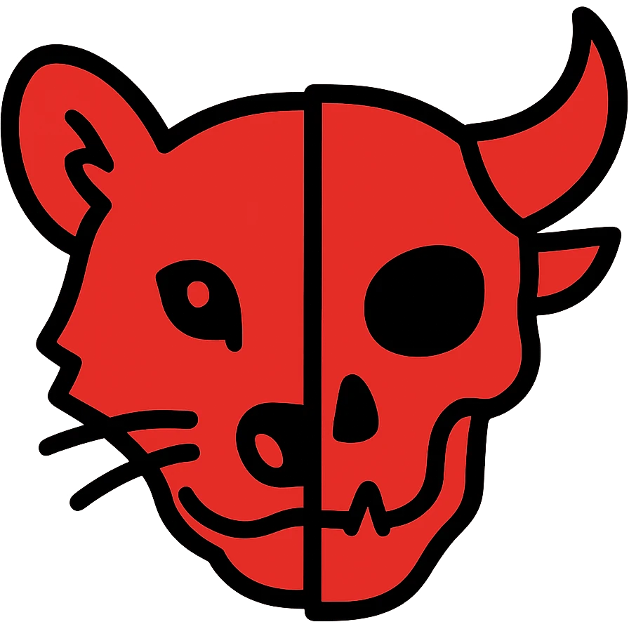 a fully red icon showing the left half of a stoat face seamlessly blending into the right half of a minotaur skull with broken horn and glowing eye, with no dividing line between them, the two halves flow together smoothly, detailed line art but minimalist design, entirely red emoji