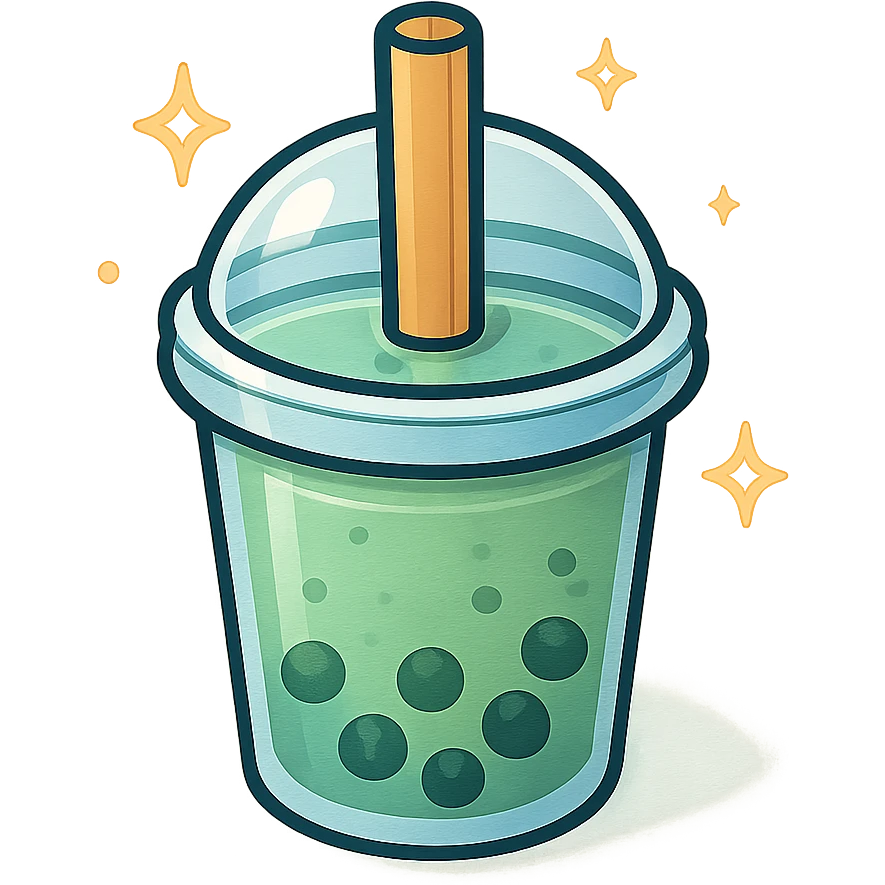 bubble tea cup with a rounded cute lid, blue cup, green drink inside, vector hand-drawn style, clear bold outlines, strong shadows and highlights, matte glass effect, sparkles and stars, kawaii look emoji