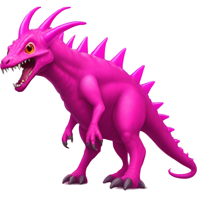 A giant pink kaiju with a long neck, 2 bright pink tusks, horns and 10 spines. He has also 4 full dark pink eyes with no pupils, dark pink claws and he got 2 spines on its tail.  emoji