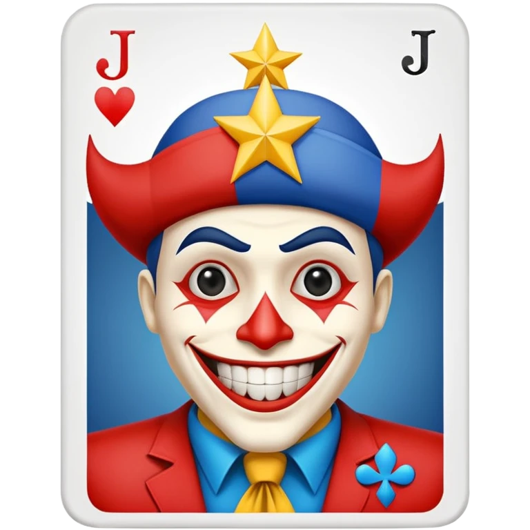 1 poker card, squared, with crazy colorful human jolly joker inside, star symbol with a "J" emoji