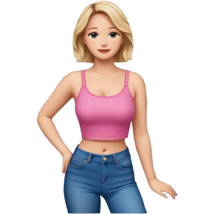 jennifer lawrence, pink crop top, and blue jeans, leaning on a balcony with a harbor and cityscape in the background, smiling emoji