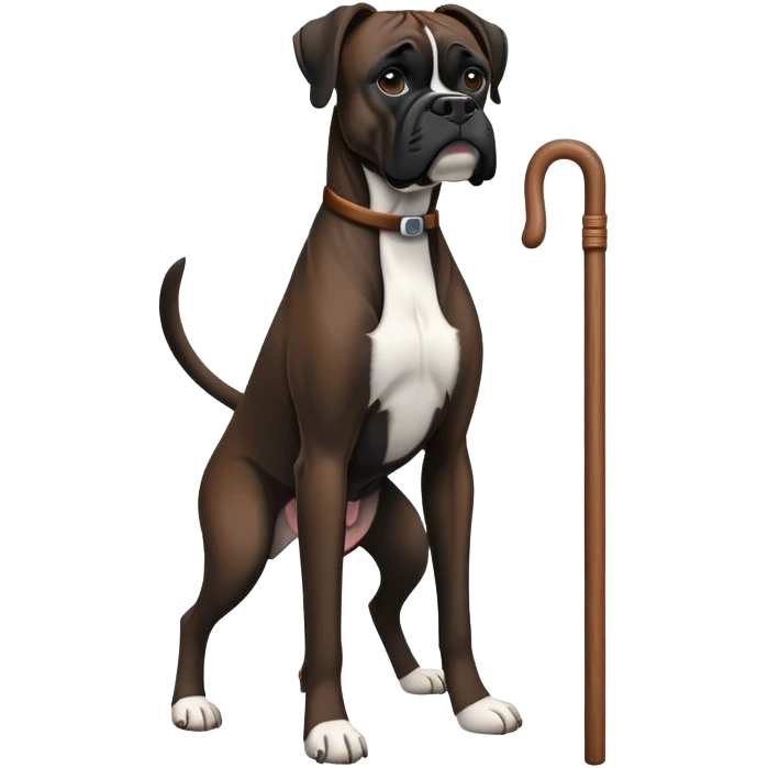 Elderly dark black boxer dog standing on hind 2 legs using a cane emoji