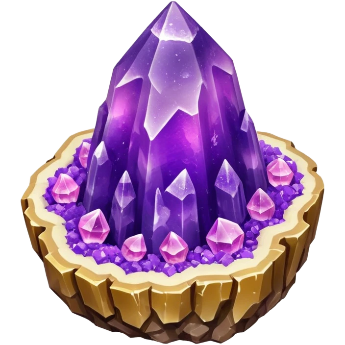 3D render of Rock Candy Geode, made entirely of dessert materials, glistening sugar crystal texture, sjagged translucent purple sugar crystals, delicious confectionery aesthetic, Apple emoji style, isolated on white background --v 6.0. emoji